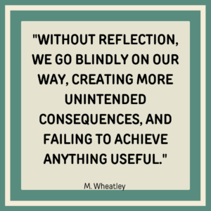"Without reflection we go blindly on our way, creating more unintended consequences, and failing to achieve anything useful" M. Wheatley