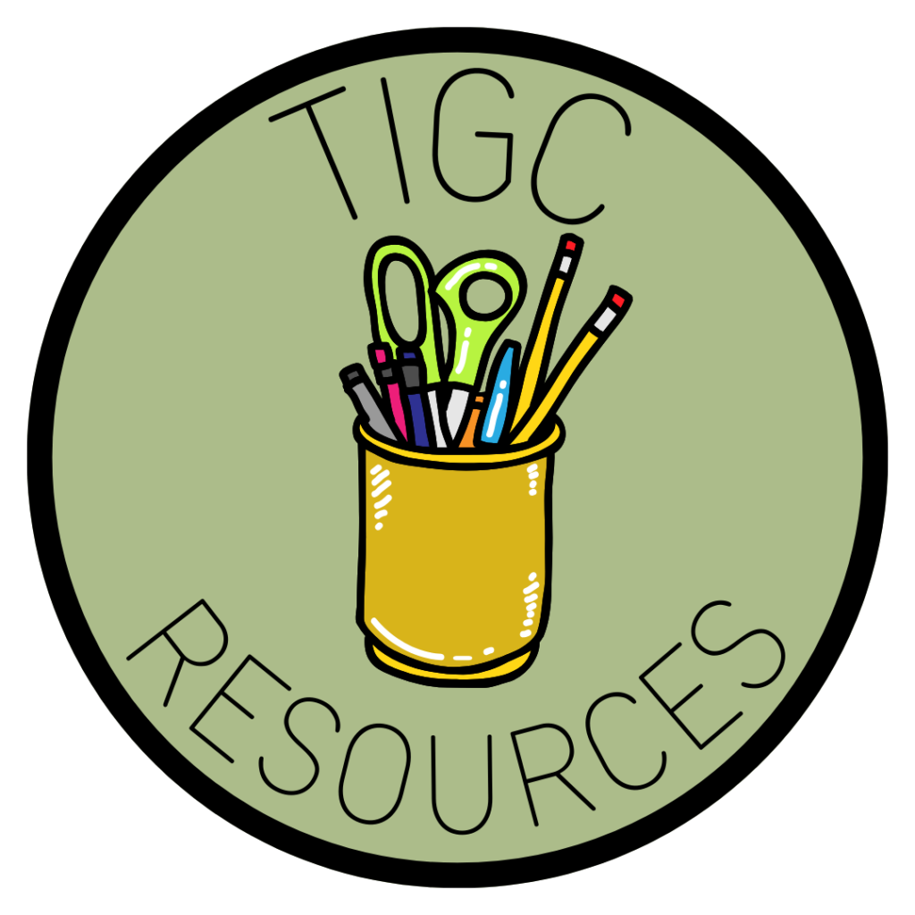 The Teaching In Good Company resources icon is a green circle with a graphic of a pot of pencils, pens and scissors