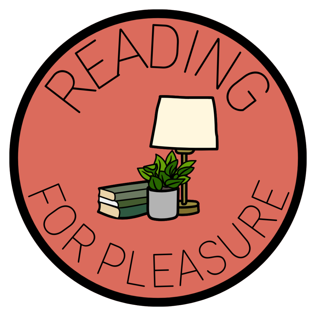 The reading for pleasure icon is a red circle with a graphic og a table lamp, stack of books and a houseplant